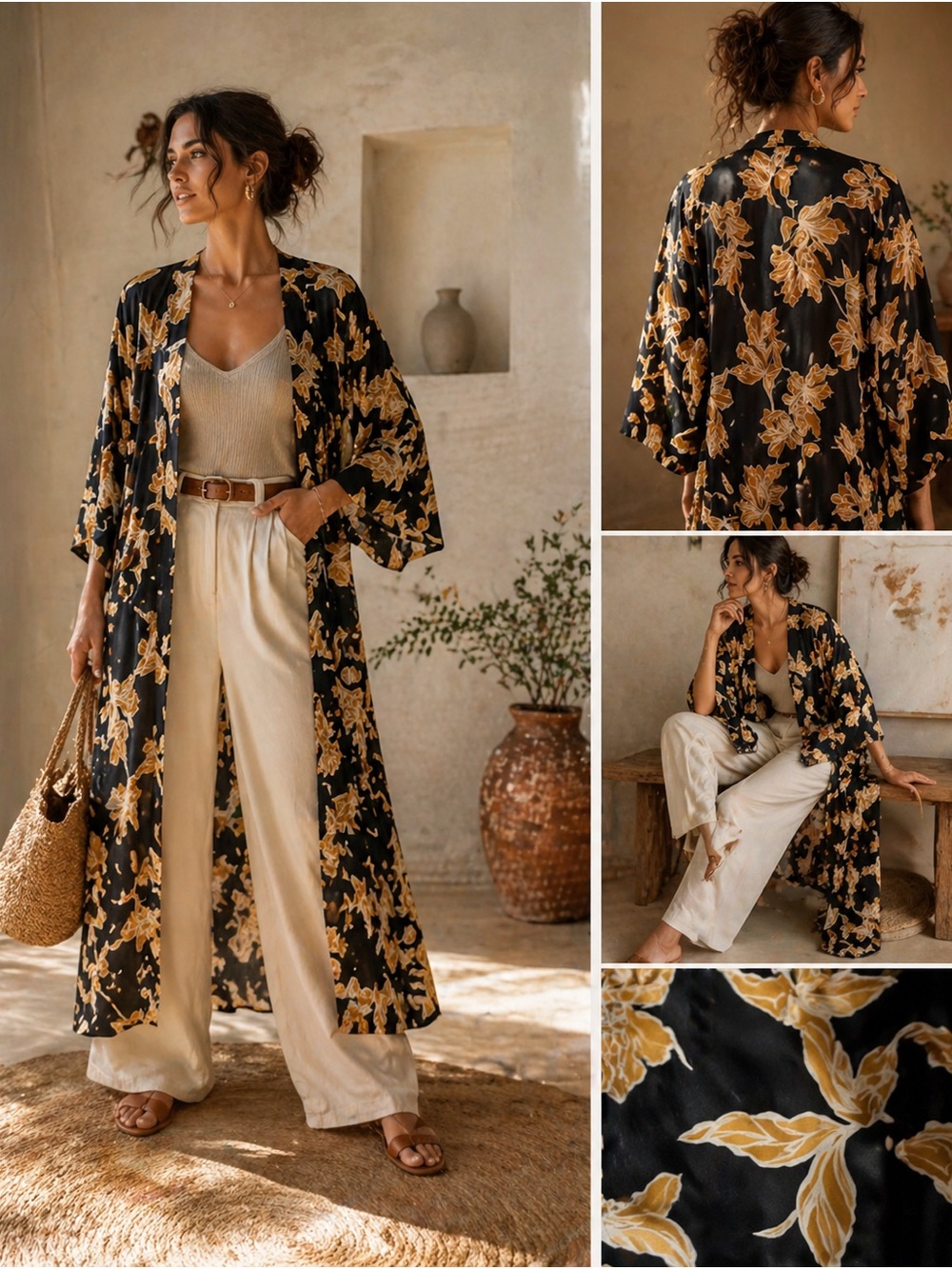 Women's Black Floral Longline Kimono with Gold Accents